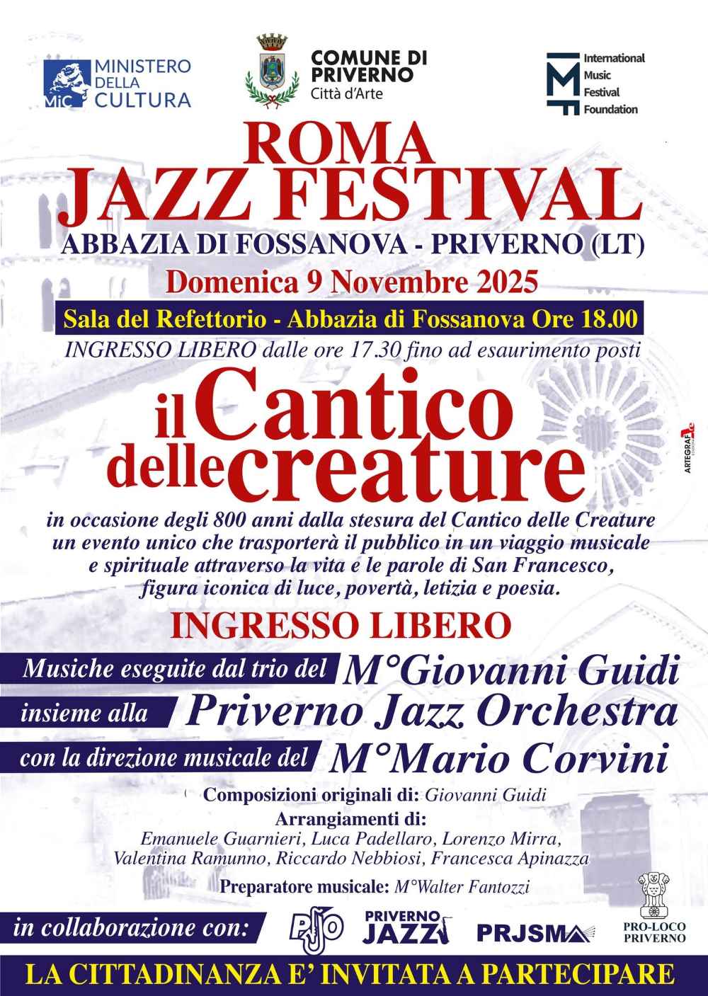 Locandina del concerto jazz "Cantico delle Creature" a Priverno