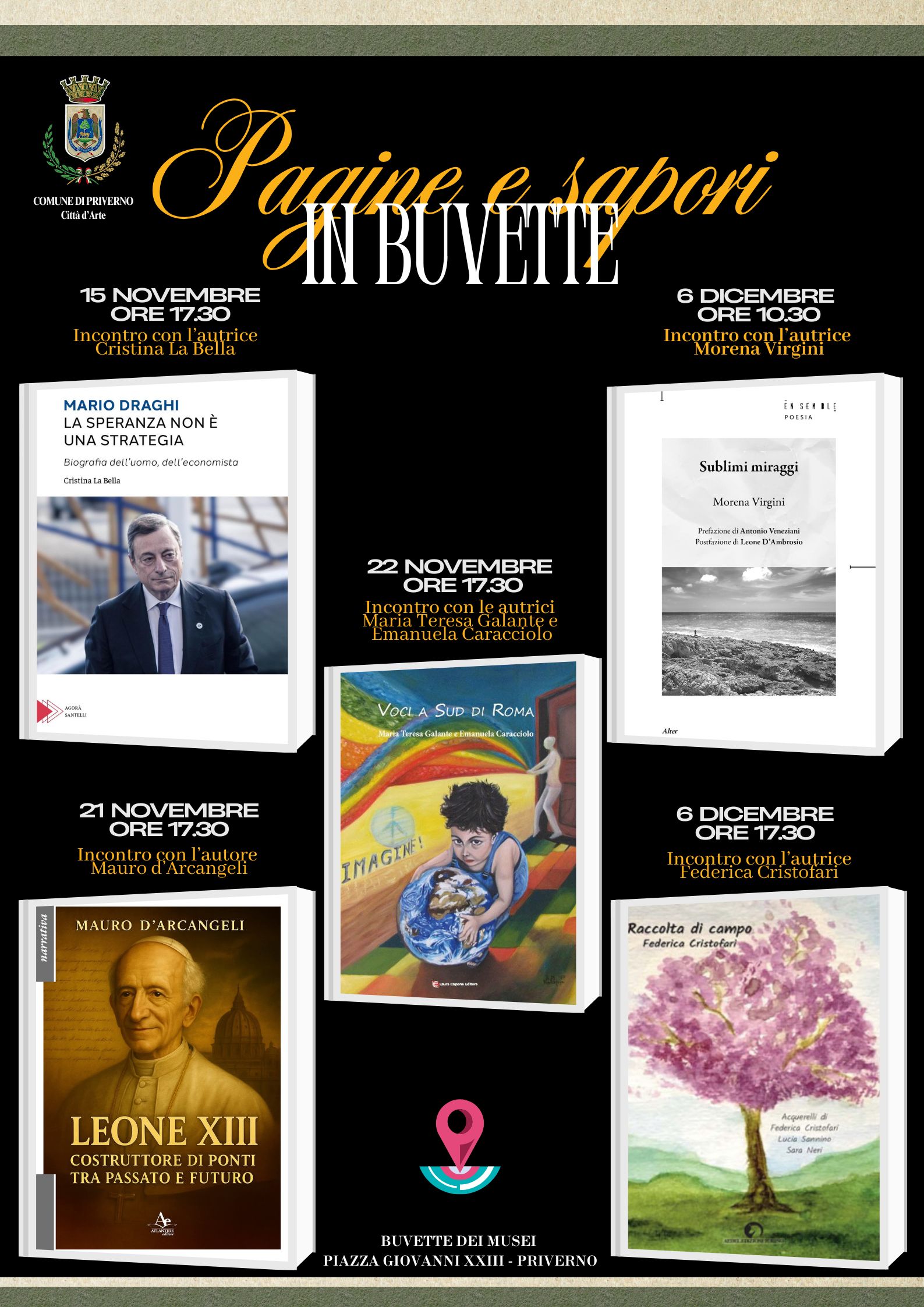 Locandina dell'iniziativa Pagine e Sapori in Buvett a Priverno