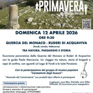 Locandina dell'escursionepresso la quercia del monaco e ruderi di acquaviva a Fondi