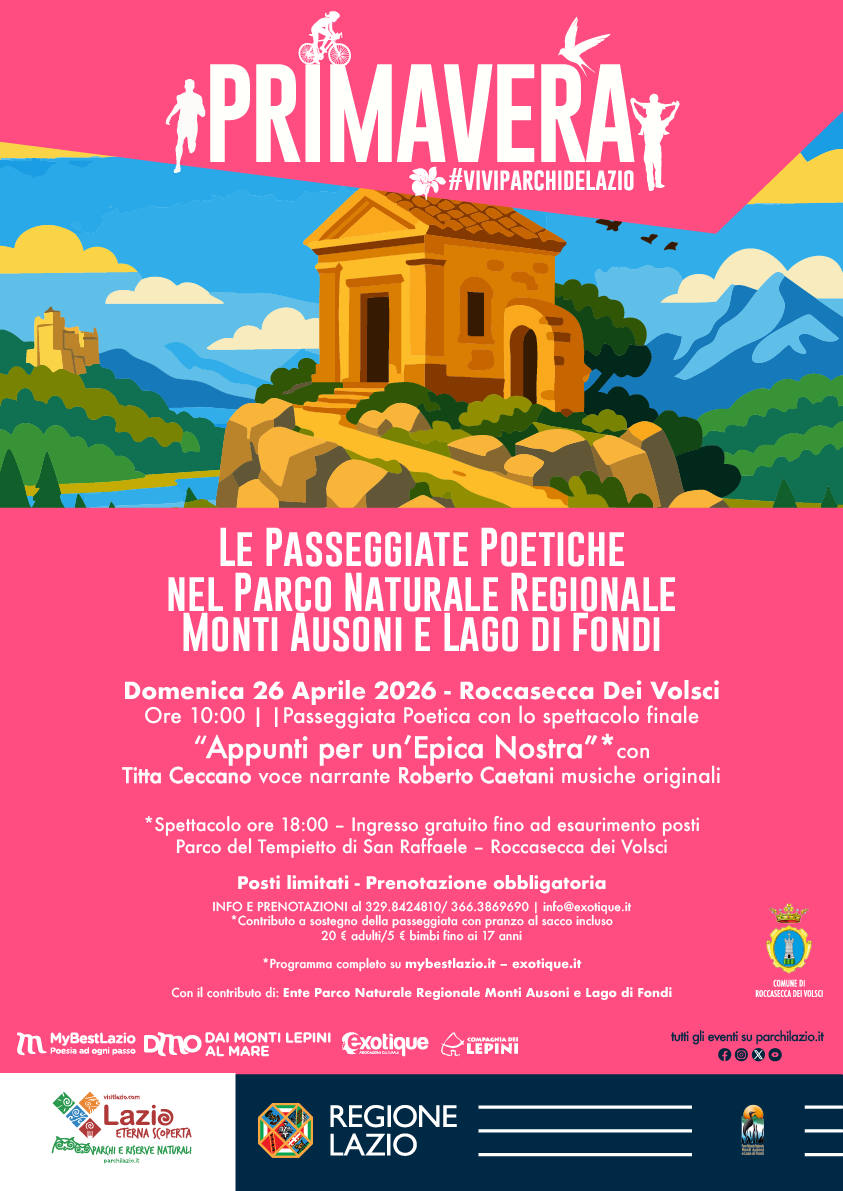 Locandina dell'iniziativa di Roccasecca dei Volsci - Le Passeggiate Poetiche nel Parco Naturale Regionale Monti Ausoni e Lago di Fondi