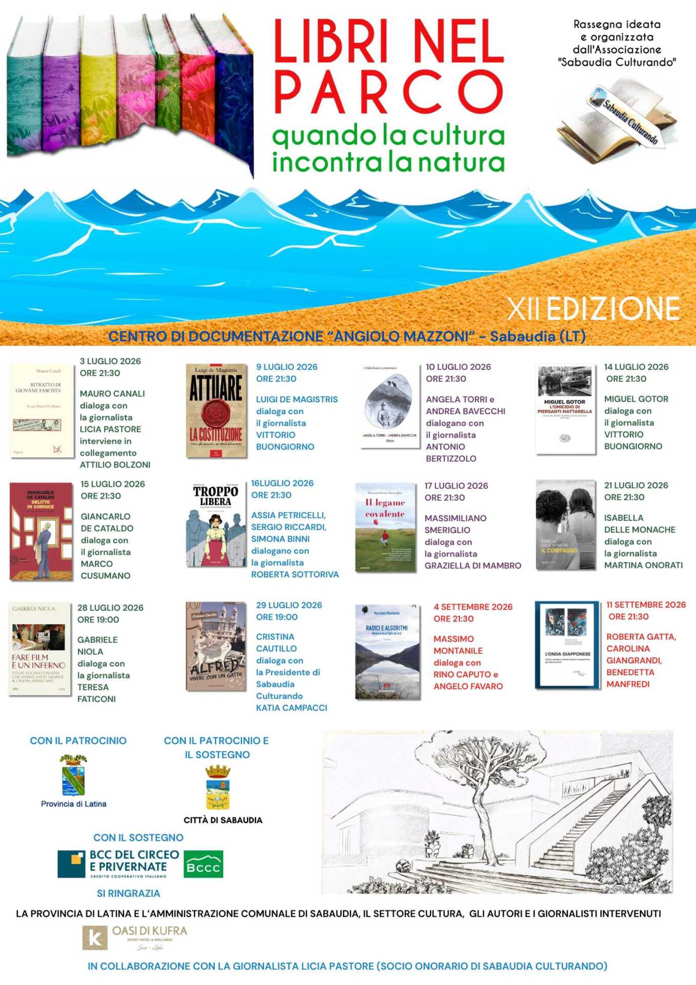 Locandina dell'iniziativa Libri nel Parco, dal 3 luglio a Sabaudia, contiene il programma